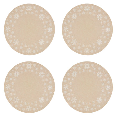 Four round beige placemats with a white snowflake pattern around the border, arranged in a 2x2 grid on a white background.