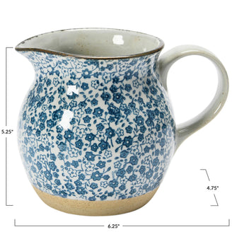 Stoneware Blue and White Floral Pitcher