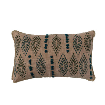 Natural & Teal Embroiderd Lumbar Pillow