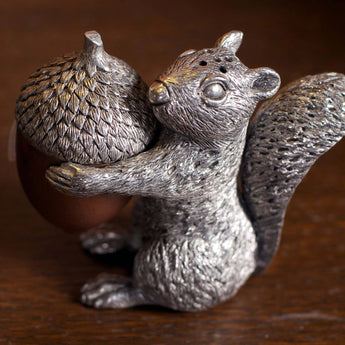 Pewter & Wood Squirrel & Acorn Salt and Pepper Shaker Set