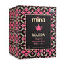 Tea box with pink and black pattern and 'mina' branding on a white background