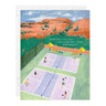 Illustration of a tennis court with players and a scenic background, featuring text on a birthday card.