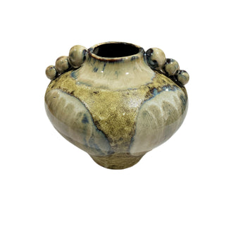 Stoneware vase with green, beige, blue glazing. Three graduated bead design on either side of opening.